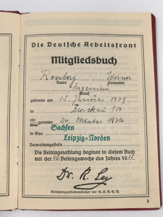 Die Deutsche Arbeitsfront, Mitgliedsbuch, ausgestellt 1935