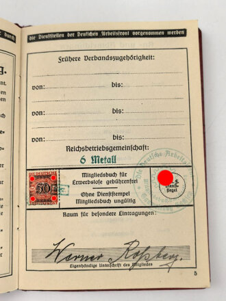 Die Deutsche Arbeitsfront, Mitgliedsbuch, ausgestellt 1935