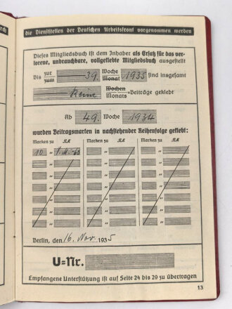 Die Deutsche Arbeitsfront, Mitgliedsbuch, ausgestellt 1935