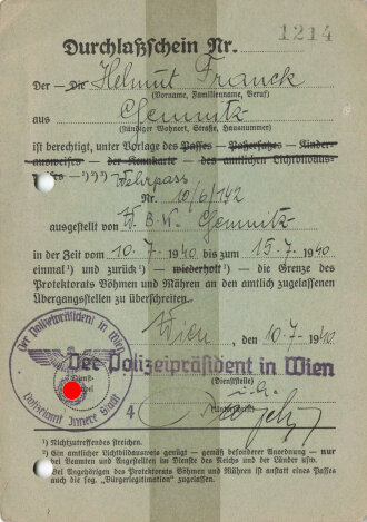 Durchlasschein für die Grenzen des Protektorats Böhmen und Mähren zu überschreiten, ausgestellt vom Polizeipräsident in Wien, datiert 1940
