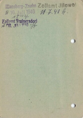Durchlasschein für die Grenzen des Protektorats Böhmen und Mähren zu überschreiten, ausgestellt vom Polizeipräsident in Wien, datiert 1940