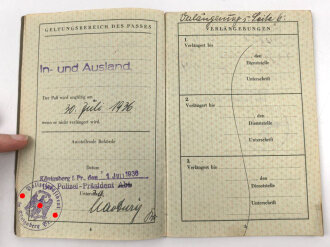 Deutsches Reich , Reisepass eines kaufmännischen Angestellten aus Königsberg, datiert 1936