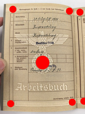 Deutsches Reich , Arbeitsbuch eines Arbeiters aus Königsberg, ausgestellt 1939