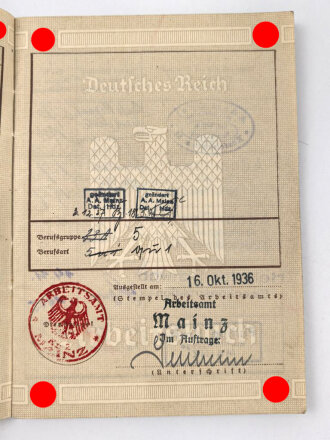Deutsches Reich,  Arbeitsbuch eines Mitarbeiters der Adam Opel AG Rüsselsheim  in der Zeit von 1936-1945