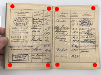 Deutsches Reich,  Arbeitsbuch eines Mitarbeiters der Adam Opel AG Rüsselsheim  in der Zeit von 1936-1945