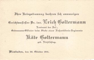 Kriegs-Trauungs-Karte eines Ordonnanz-Offiziers beim Stabe eines Funkartillerie-Regiments, datiert 1916