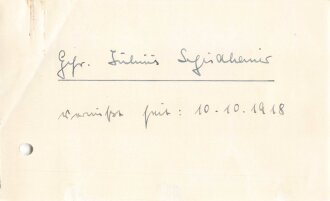 Nachlass eines  in französischer Gefangenschaft 1918 verstorbenen Angehörigen im Infanterie Regiment 461/5.