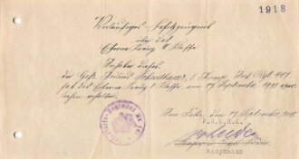 Nachlass eines  in französischer Gefangenschaft 1918 verstorbenen Angehörigen im Infanterie Regiment 461/5.