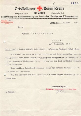 Nachlass eines  in französischer Gefangenschaft 1918 verstorbenen Angehörigen im Infanterie Regiment 461/5.