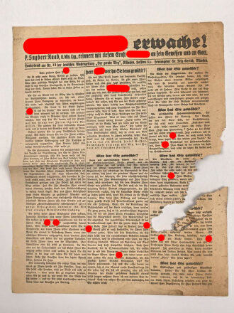 Flugblatt / Handzettel "Adolf Hitler erwache! "Sonderdruck aus Nr. 12 der deutschen Wochenzeitung "Der gerade Weg" in der Mitte gerissen
