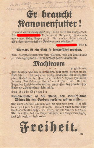 Er braucht Kanonenfutter - wer zahlt für Hitlers Krieg? Flugblatt A5 vermutlich Großbritannien