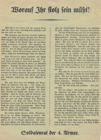Flugblatt "Worauf Ihr stolz sein müsst - Soldatenrat der 4. Armee"