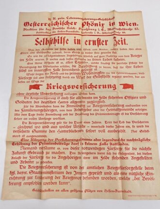 Flugblatt "Kriegsversicherung - Selbsthilfe in ernster Zeit" Österreichischer Phönix in Wien, 63 x 86 cm
