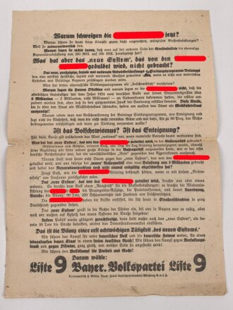 Flugblatt Volkspartei Liste 9 "Ein Gruß vom Vorläufer des Dritten Reiches"