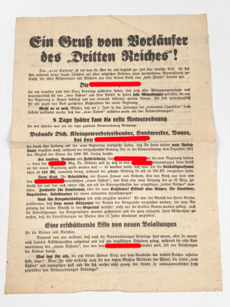 Flugblatt Volkspartei Liste 9 "Ein Gruß vom Vorläufer des Dritten Reiches"