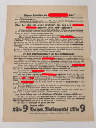 Flugblatt Volkspartei Liste 9 "Ein Gruß vom Vorläufer des Dritten Reiches"