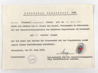 Hitler Jugend Siegernadel 1936, dazu die Urkunde