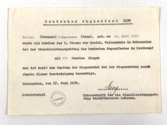 Hitler Jugend Siegernadel 1936, dazu die Urkunde