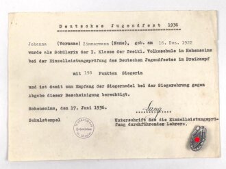 Hitler Jugend Siegernadel 1936, dazu die Urkunde