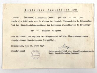 Hitler Jugend Siegernadel 1936, dazu die Urkunde