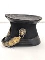 Bayern Landwehrtschako, Übergangsmodell 1850 mit Emblem des Bürgerwehrhelm M1850. Der Deckel vorne gebrochen, sonst guter Gesamtzustand