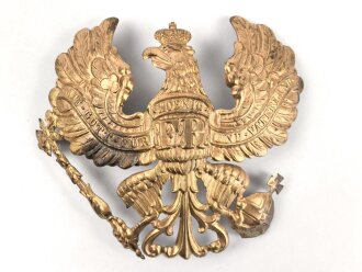 Preußen, Emblem für eine Pickelhaube für Mannschaften. Messing vergoldet, Befestigungsabstand etwa 74mm