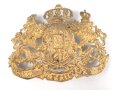 Bayern, Emblem für eine Pickelhaube für Offiziere. Messing vergoldet, Gesamte Breite etwa 16cm, Befestigungsabstand etwa 76mm