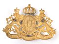 Bayern, Emblem für eine Pickelhaube für Offiziere. Messing vergoldet, Gesamte Breite etwa 16cm, Befestigungsabstand etwa 76mm