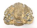 Bayern, Emblem für eine Pickelhaube für Offiziere. Messing vergoldet, Gesamte Breite knapp 18cm, Befestigungsabstand etwa 86mm