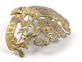 Bayern, Emblem für eine Pickelhaube für Offiziere. Messing vergoldet, Gesamte Breite knapp 18cm, Befestigungsabstand etwa 86mm