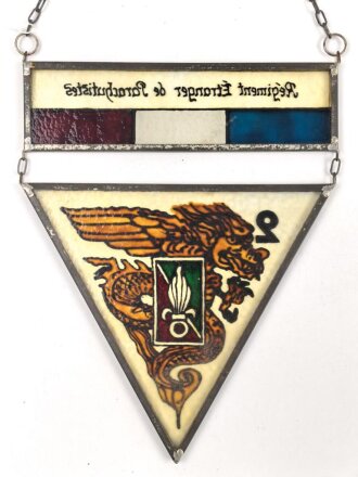 Frankreich Fremdenlegion, Bleiglasbild " Regiment Etranger de Parachutistes"  ungereinigt, Höhe ohne Kette 22cm