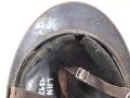 Frankreich 1. Weltkrieg, Stahlhelm Adrian Modell 1915 für Chasseurs. Originallack,  stark getragenes Stück, der Kinnriemen alt - aber unrichtig ergänzt