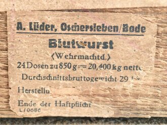 Transportkasten aus Holz für Wehrmachtsdosen "Blutwurst"  Maße etwa  33 x 46 x 29cm. Guter Zustand