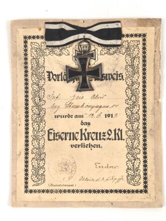 1. Weltkrieg, Vorläufiger Ausweis für das Eiserne Kreuz 2. Klasse, ausgestellt am 12.6.1917, dazu das Eiserne Kreuz