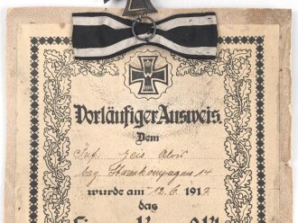 1. Weltkrieg, Vorläufiger Ausweis für das Eiserne Kreuz 2. Klasse, ausgestellt am 12.6.1917, dazu das Eiserne Kreuz