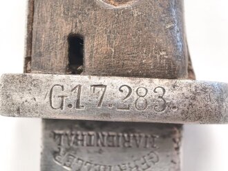 Kaiserreich, Seitengewehr Modell 84/98 mit Sägerücken. Auf dem Klingenrücken keine Abnahme, Kammerstempel "G.17.283". Guter Gesamtzustand
