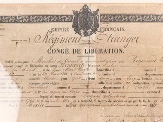 Frankreich Fremdenlegion, Entlassungsschein ( Conge de Liberation) aus dem 1.Regiment der Frem denlegion, ausgestellt am 17.September 1865 in Mexiko Stadt. Neuzeitlich gerahmt, Maße des Rahmen 37 x 50cm