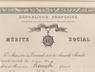 Frankreich , Verleihungsurkunde zum Sozialverdienstorden ( Merite Socila ) datiert 1954. Neuzeitlich gerahmt, Maße des Rahmen 37 x 45cm