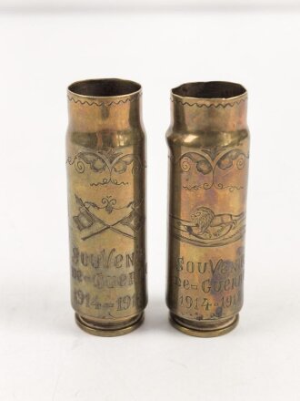 Frankreich , Paar leere Messinghülsen als Dekorationsartikel " Souvenir de Guerre 1914-1918" Messing, kein Zündhütchen, Höhe je 7cm, Bodendurchmesser 20mm
