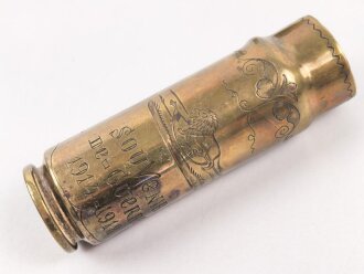 Frankreich , Paar leere Messinghülsen als Dekorationsartikel " Souvenir de Guerre 1914-1918" Messing, kein Zündhütchen, Höhe je 7cm, Bodendurchmesser 20mm