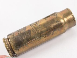 Frankreich , Paar leere Messinghülsen als Dekorationsartikel " Souvenir de Guerre 1914-1918" Messing, kein Zündhütchen, Höhe je 7cm, Bodendurchmesser 20mm