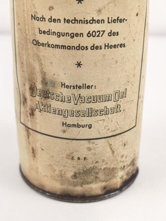 "Stoßdämpferoel TL 6027 für Wehrmacht Kraftfahrzeuge" Ungereinigt, verbeult, leer