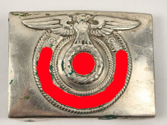 Waffen SS, Koppelschloss für Mannschaften aus Neusilber, Hersteller  „O&C“ für die Firma Overhoff & Cie, Lüdenscheid und „ges. gesch.“ für gesetzlich geschützt. Ungereinigtes Stück in gutem Zustand