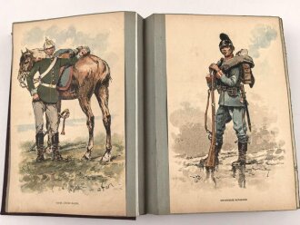 "Cahiers DEnseignement Illustres - Uniformes de LArmee Francaise En 1887 " unter DIN A4, dnanch Deutschland, Holland, Österreich, England. insgesamt etwa 140 Uniformtafeln, Maße je etwa 13 x 20,5cm, ausgeschnitten und eingeklebt