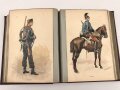 "Cahiers DEnseignement Illustres - Uniformes de LArmee Francaise En 1887 " unter DIN A4, dnanch Deutschland, Holland, Österreich, England. insgesamt etwa 140 Uniformtafeln, Maße je etwa 13 x 20,5cm, ausgeschnitten und eingeklebt