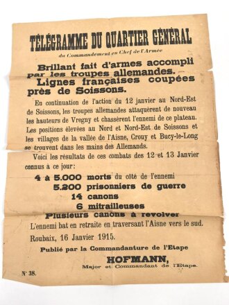 Frankreich 1.Weltkrieg, Wandanschlag "Telegramme du...