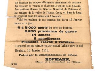 Frankreich 1.Weltkrieg, Wandanschlag "Telegramme du Quartier General" datiert 1915, Maße: 65 x 50 cm