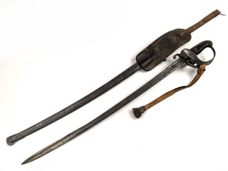 Preussen, Kavalleriesäbel Modell 1852. Kammerstück von 1885 in Säbeltasche für Berittene, samt Troddel. Sowohl der Säbel als auch die Tasche mit gleichem Kammerstempel eines Maschinengewehrzuges " 142 R. M.G.2"  Guter Gesamtzustand.