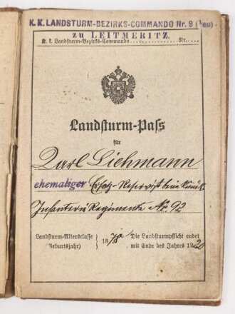 k.u.k. Österreich, Landsturm Pass eines ehemaligen...