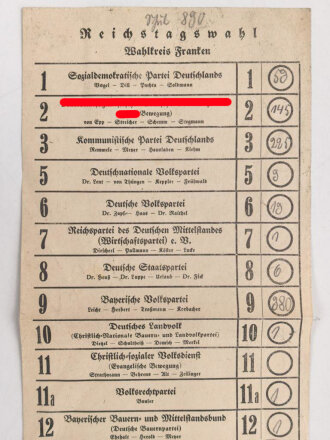 Wahlzettel Reichstagswahl - Wahlkreis Franken